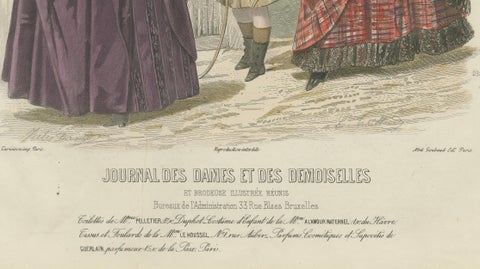 French Fashion Print, Tartan Dress & Child at Zoo, Hand-Colored, c.1887, close-up 6