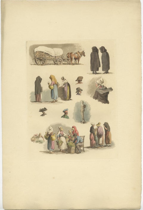 Hand-Colored Prints of Dutch and Flemish Costumes, Figures and Headwear, 1820, view 2