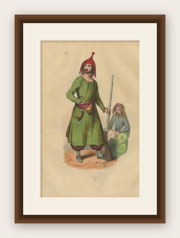 Kurdish Warrior in Traditional Attire from 19th Century Lithograph, shown framed