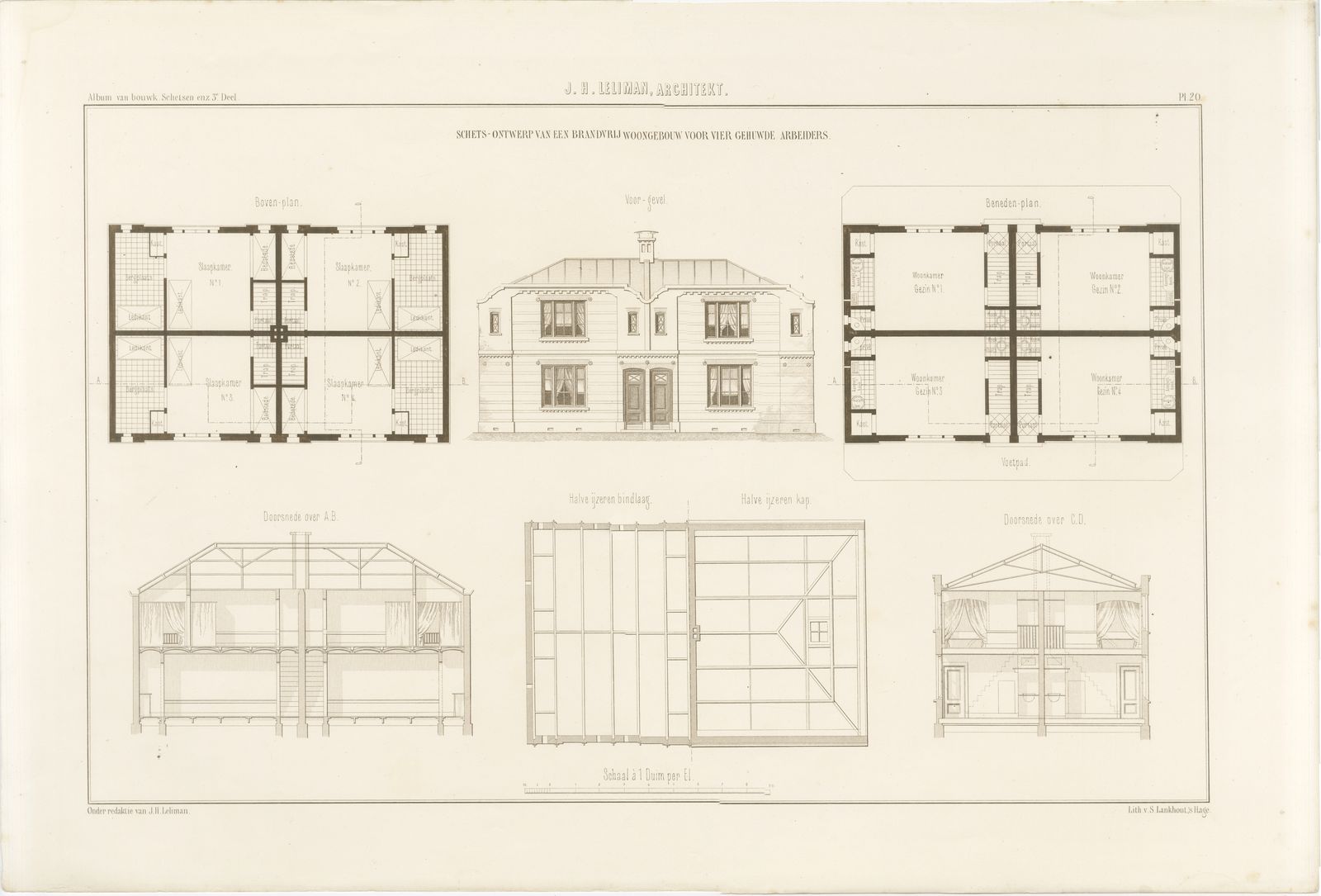 Fireproof Workers' Housing Design, Dutch Architecture Print, Leliman, 1865-1866