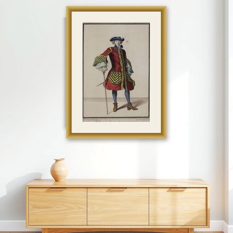 Copper Engraving Depicting the High Quality of the Fashion Under Louis XIV, 1684, shown framed on a wall
