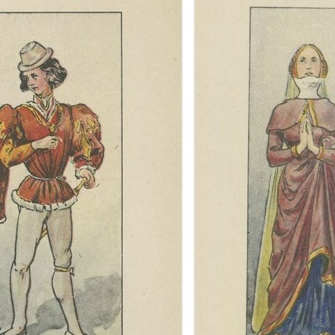 France 15th Century, Pair of Antique Hand-Colored Costume Prints, Published 1880, close-up 1