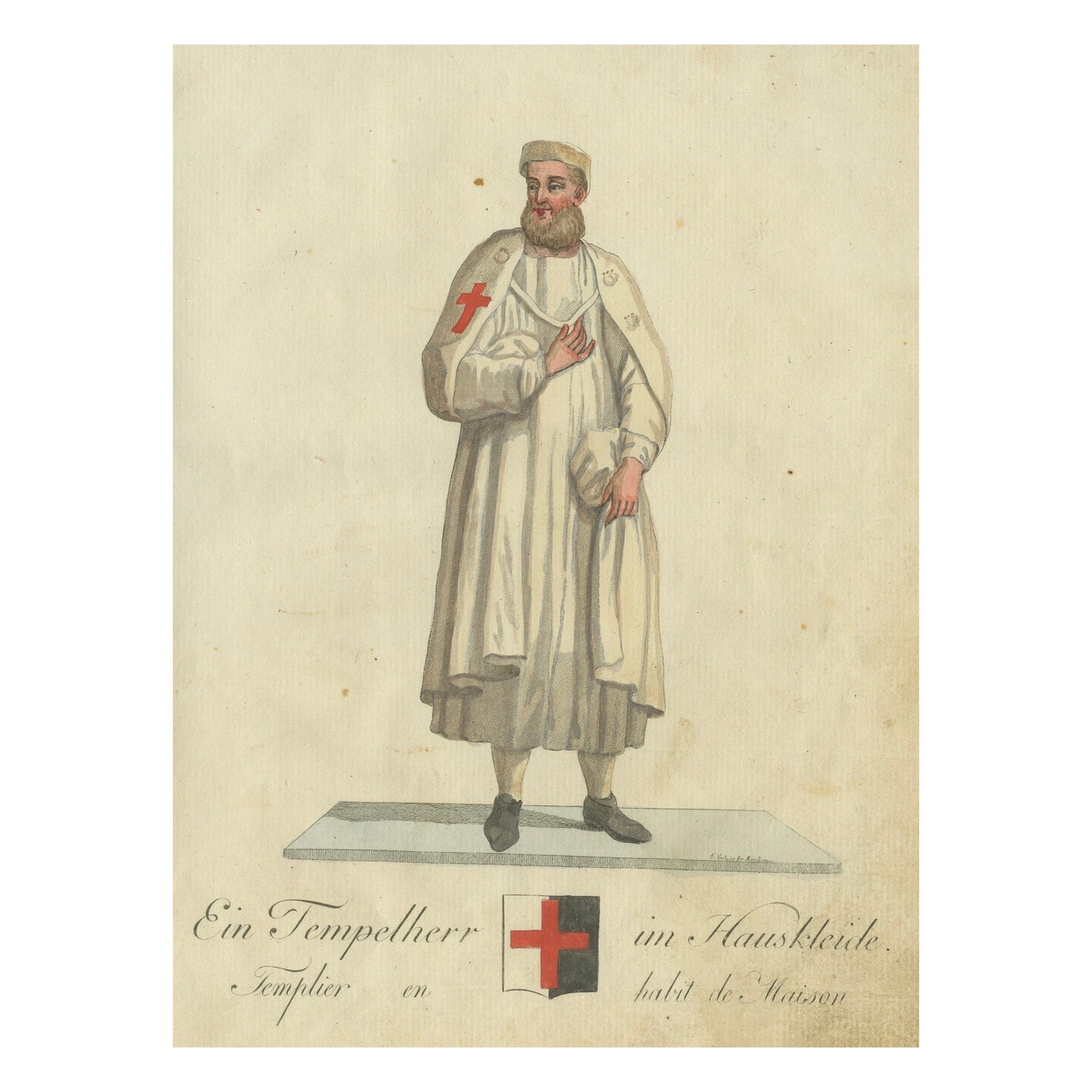 Knight Templar in Traditional House Attire: A Rare 1791 Hand-Colored Engraving