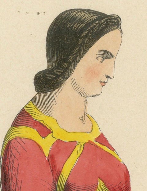Renaissance Grace: A Lady's Attire in 'Costume du Moyen Âge', 1847, close-up 3