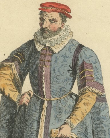 Wealthy Merchant of London in 1588, Fur Trimmed Gown, Jefferys Print, 1757, close-up 1