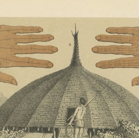 Pacific Island Ethnography, Canoe, Architecture & Costume, Antique Print c.1890, close-up 1
