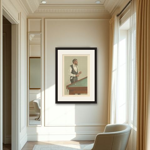 Elegance at Play: John Roberts Jr., Billiards Virtuoso, Vanity Fair 1885 by Spy, shown framed in a room