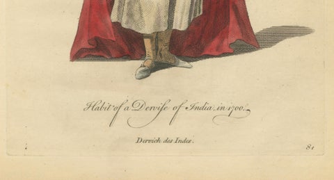Habit of a Dervish of India, 1700, Hand-Colored Costume Engraving, close-up 3