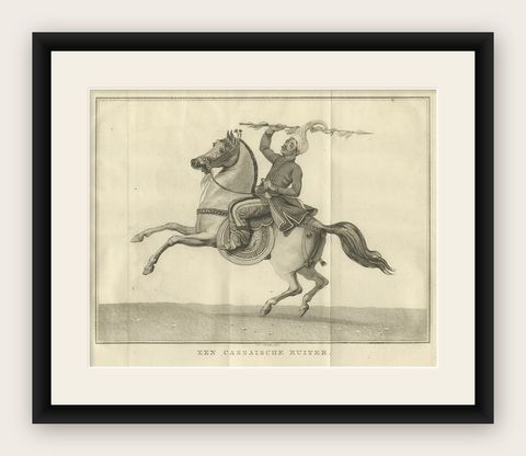 Mounted Warrior of the Kassai Region, Antique Costume Print, circa 1800, shown framed