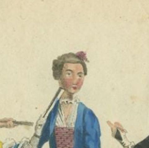 Antique Hand-Colored Engraving of three Ladies from England, 1805, close-up 1