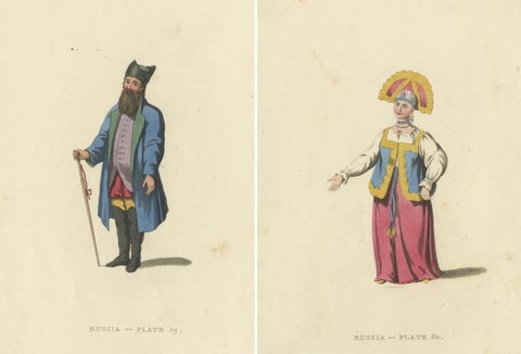 Sartorial Elegance of Kaluga: A Merchant and a Woman in Traditional Attire, 1814, close-up 1