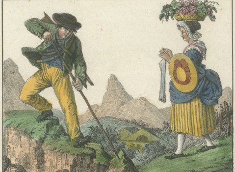 Swiss Costumes, Bernese Alps Hunter and Women of Vaud, Lucerne, Fribourg, 1842, close-up 1
