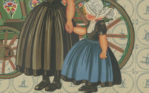 Colorful Walcheren Girls in Traditional Dress Riding a Painted Market Cart, 1932, close-up 2
