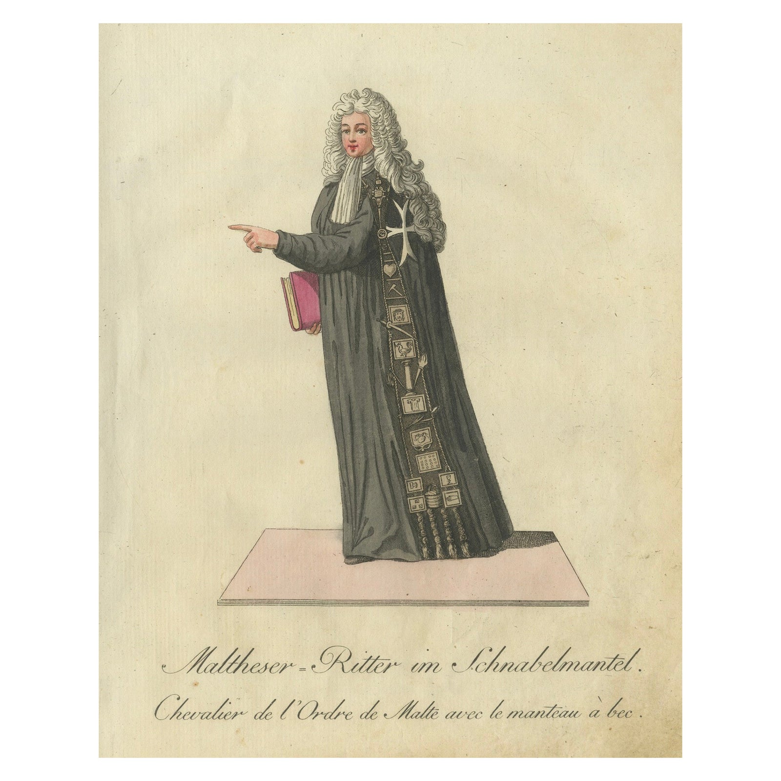 Maltese Knight in Beaked Cloak: 1791 Hand-Colored Engraving of Ceremonial Dress