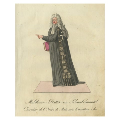 Maltese Knight in Beaked Cloak: 1791 Hand-Colored Engraving of Ceremonial Dress