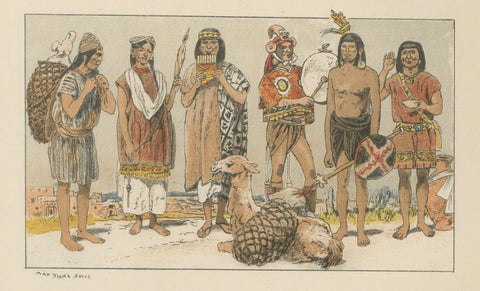 Inca Empire Costumes, Antique Lithograph of Inca Clothing, Max Tilke c.1880, close-up 2