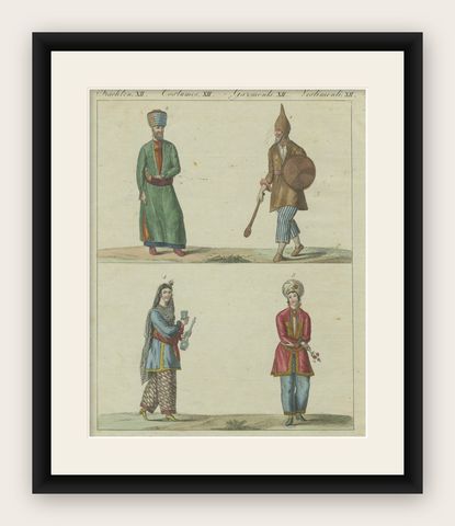 Antique Hand-Colored Print of Turkish or Ottoman Costumes Plate XII, circa 1800, shown framed