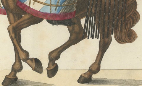 19th-Century Hand-Coloured Print of a Drummer on Horseback in Medieval Attire, close-up 1