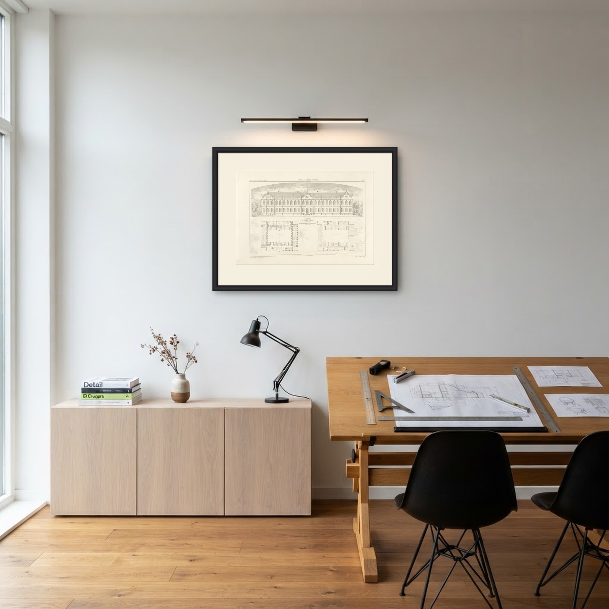 Prize-Winning Orphanage Design, Dutch Architecture Print, Leliman, 1865-1866, shown framed in a room