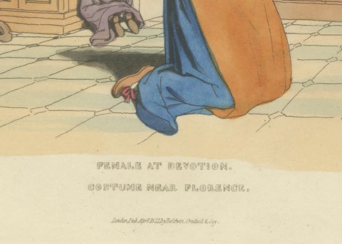 Costume Print: Woman at Devotion, Near Florence, 1820s Hand-Colored Engraving, close-up 1