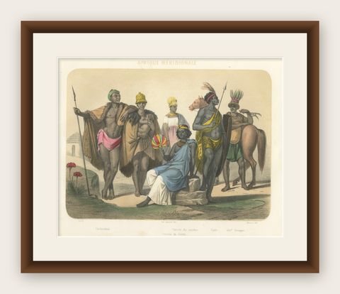 South African Costumes, Hottentots, Sudanese Women, and Chief Moussaou, c.1845, shown framed