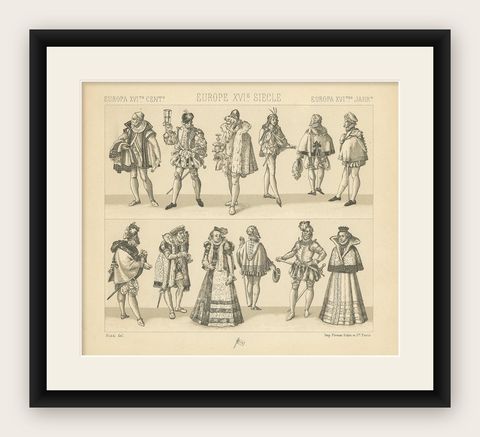 Pl. 58 Antique Print of European 16th Century Costumes by Racinet, shown framed