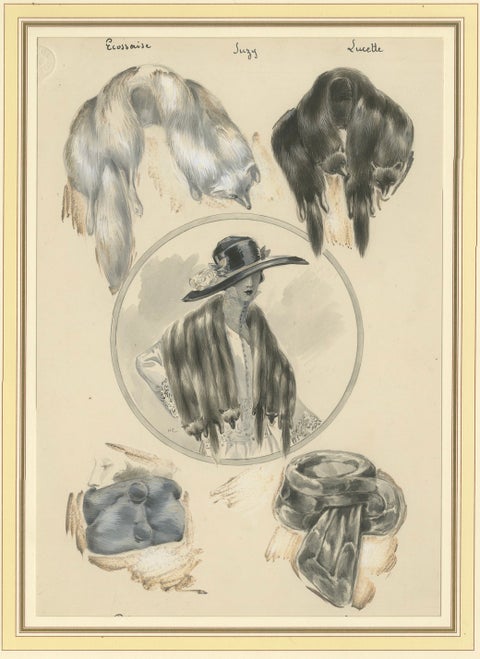 French Art Nouveau Fashion Design with Fur Stoles and Elegant Lady, c.1910, close-up 5