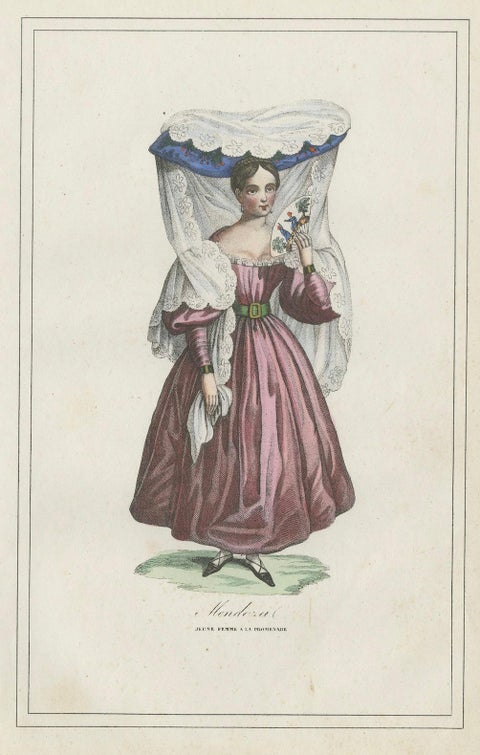 Antique Costume Print of Mendoza, Young Woman in Traditional Dress, 1854, close-up 1