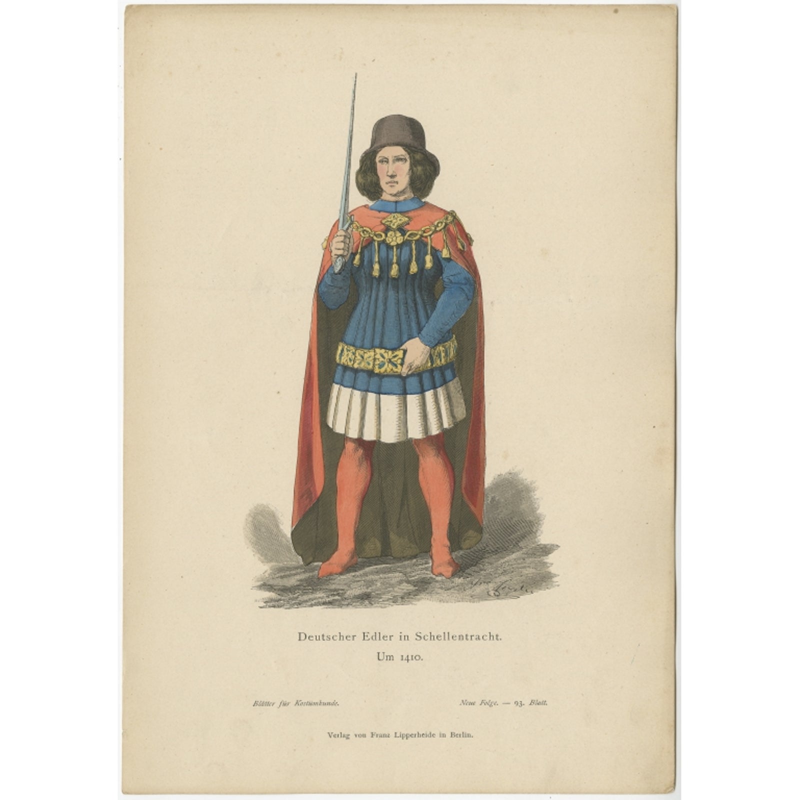 Antique Costume Print of a German Nobleman by Lipperheide, c.1880