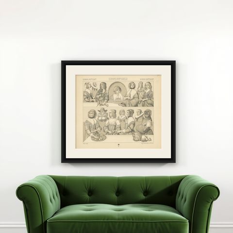 Pl 96 Antique Print of European 17th Century Costumes by Racinet, shown framed on a wall