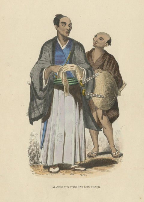 Original Hand-Colored Antique Print of a Japanese Nobleman & Servant, ca.1845, close-up 1
