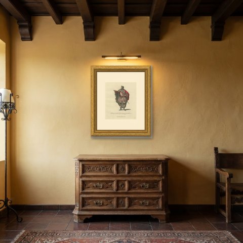 Coriolanus in the Tragedy of Coriolanus, Georgian Stage Costume, Jefferys 1757, shown framed in a room