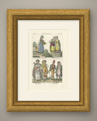 Tyrolean Woman of Pusterthal, Illyrian Women, Bridal Pair and Morlachs, 1842, shown framed