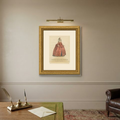 Lady in the Court of Queen Elizabeth in 1559, Jefferys Costume Plate, 1757, shown framed on a wall