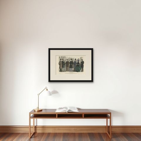 Large Antique Fashion Print, 1861, shown framed on a wall