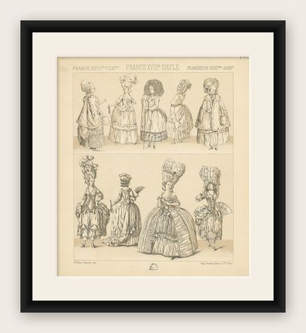 Pl. 121 Antique Print of French 18th Century Dresses by Racinet, 'circa 1880', shown framed