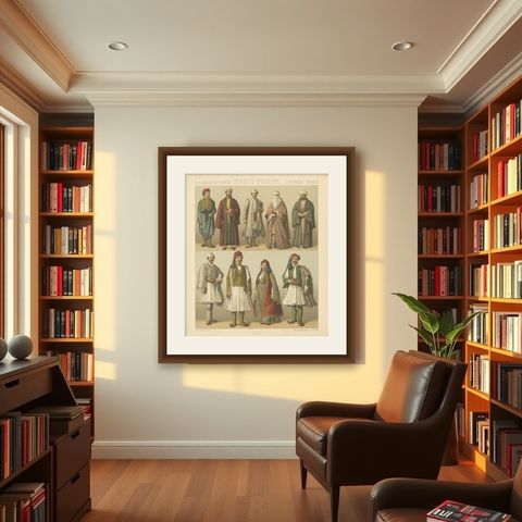Pl. 77 Antique Print of European Turkish Costumes by Racinet, 'circa 1880', shown framed in a room