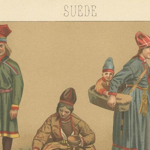 Pl. 127 Antique Print of Swedish Costumes of Racinet, 'circa 1880', close-up 1