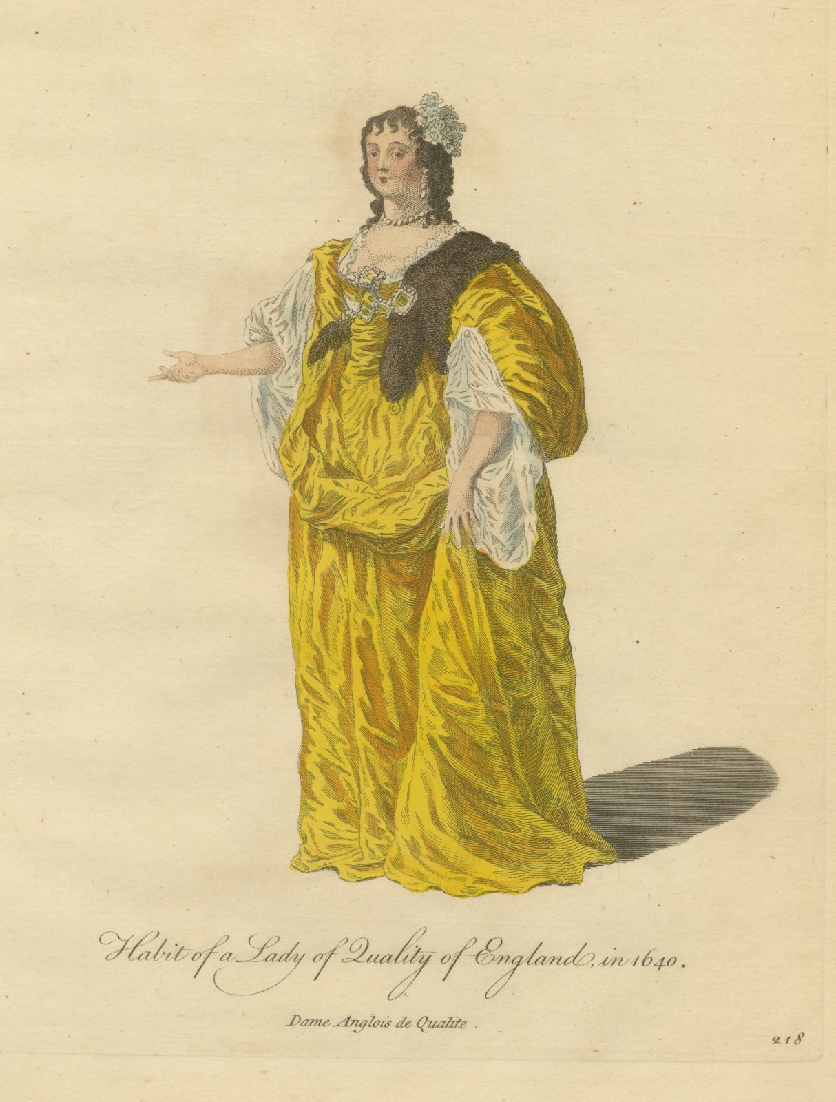 Lady of Quality of England in 1640, Yellow Satin Gown, Jefferys Print, 1757
