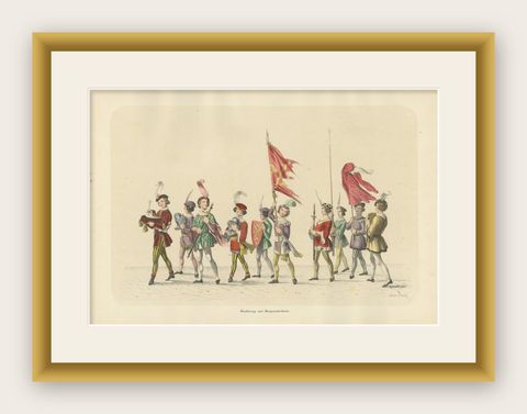 Burgundian Tribute, The Pageant of Noble Youth in Ceremonial Dress, 1855, shown framed