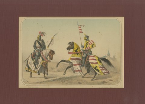 Two Medieval Knights in Heraldic Trappers, Spanish Cavalry Lithograph, 1861, view 2