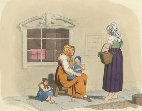 Costume Print: Women and Children in Pisa, 1820s Hand-Colored Engraving, close-up 4