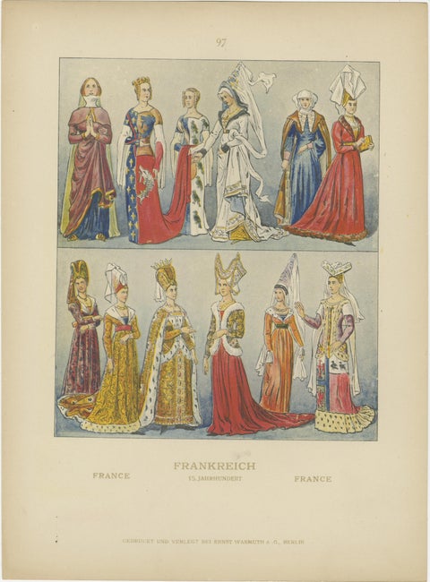 France 15th Century, Pair of Antique Hand-Colored Costume Prints, Published 1880, view 3