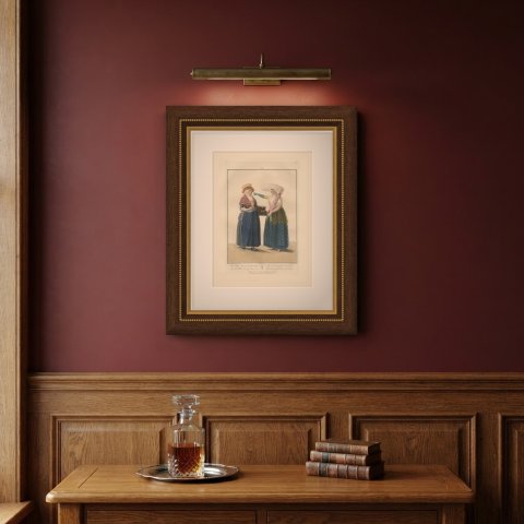 Fresh Butter for the Maid, Dutch Costume Print, Maaskamp, 1811, shown framed on a wall