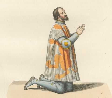 Heraldic Costumes c.1400, Antique 1845 Prints of Knight and Lady, Hand-Coloured, close-up 1