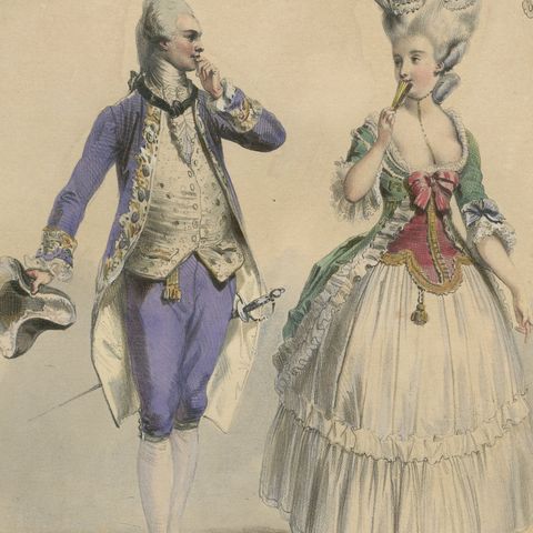 Louis XVI French Rococo Court Costume Lithograph, 1775, Published 1847, close-up 2