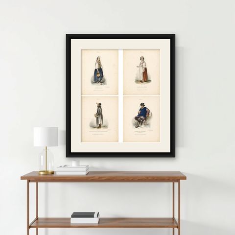 Russian Traditional Costumes and Trades, Set of Four Antique Prints, circa 1850, shown framed on a wall