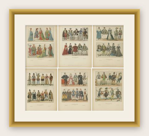 French Renaissance Costumes 1500s, Set of 6 Antique Prints, Published in 1880, shown framed