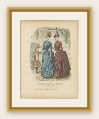 Antique French Fashion Plate, Elegant Ladies with Child, Garden Scene, c.1880, shown framed