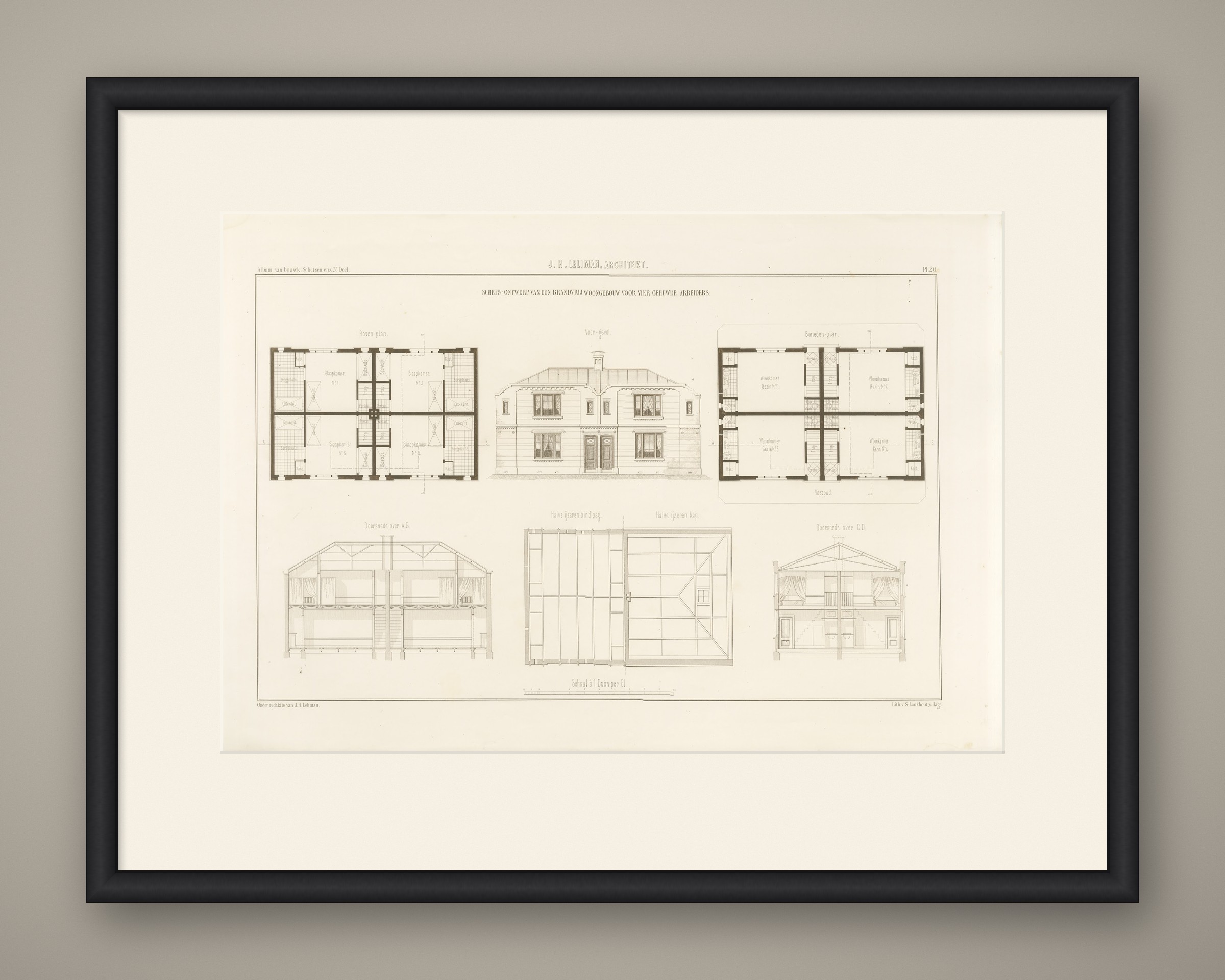 Fireproof Workers' Housing Design, Dutch Architecture Print, Leliman, 1865-1866, shown framed